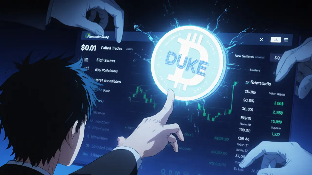 A desperate investor reaching for a ghostly DUKE COIN token as unseen sellers pull it away in a dark exchange interface.