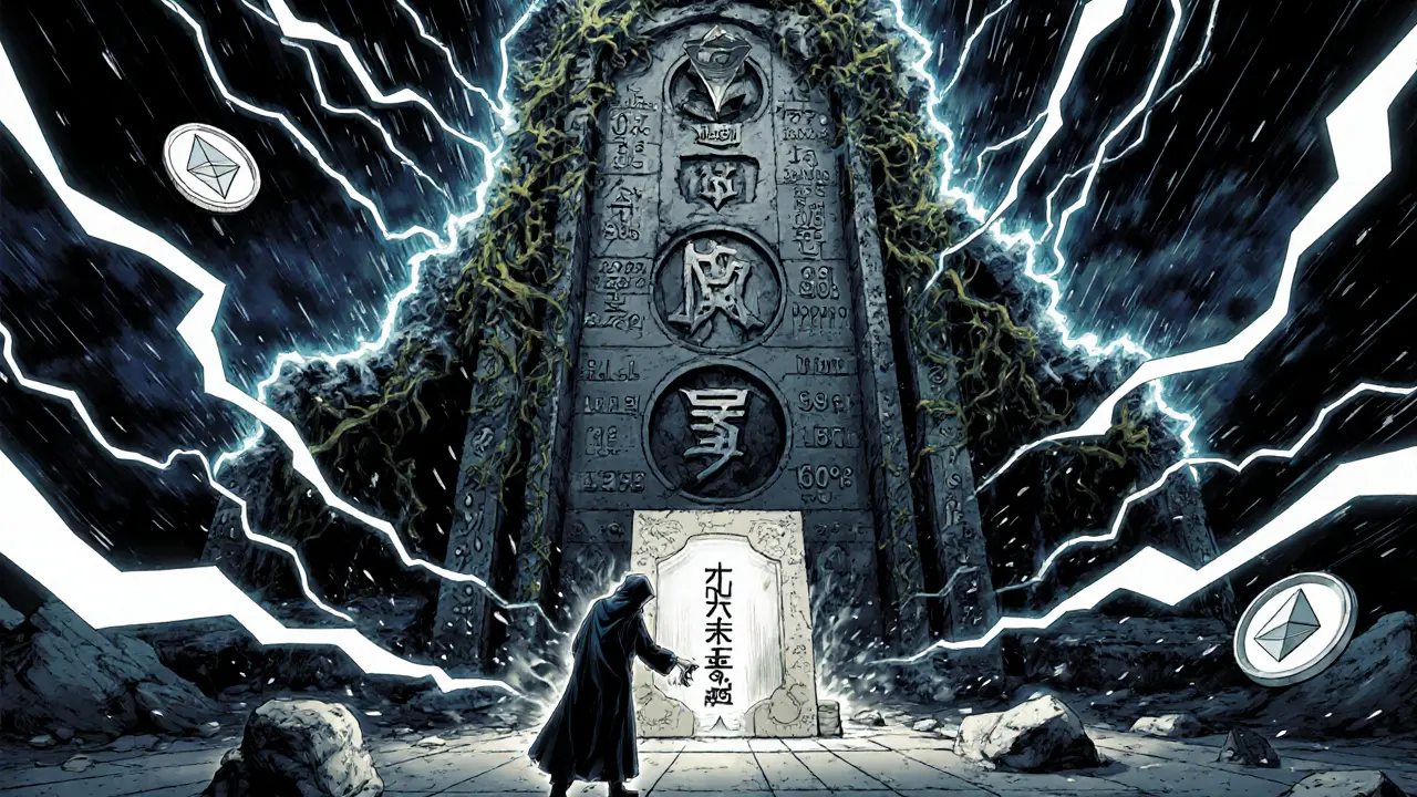 An ancient Bitcoin temple standing strong against fast blockchains, with Lightning Network vines climbing its walls.