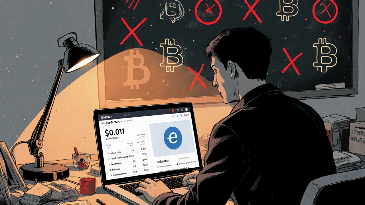 Analyst at desk viewing empty Electron token data on laptop.