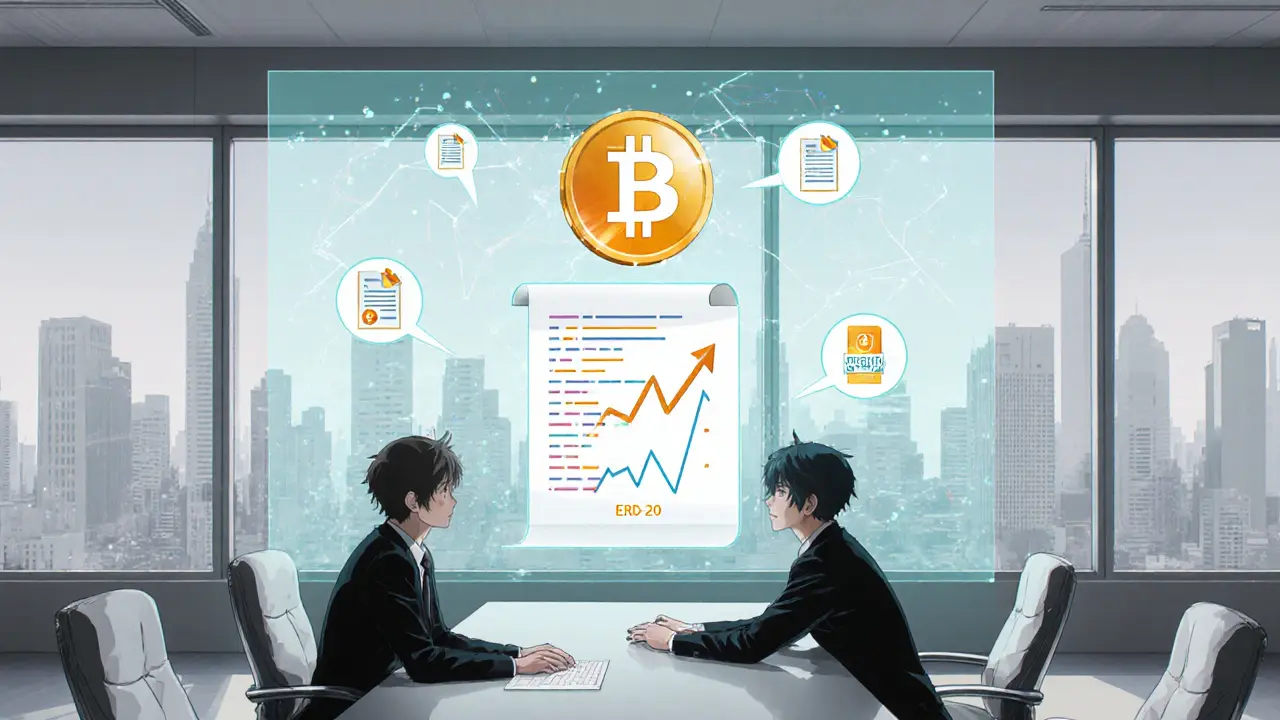 Anime‑style boardroom with holographic BDP token, SDK code, and modest market chart.