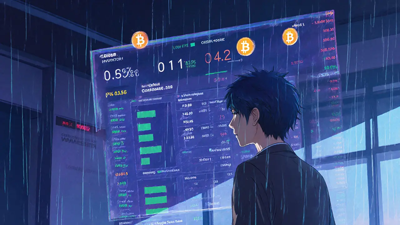 Anime trader viewing a thin Bitcoin order book with low volume.