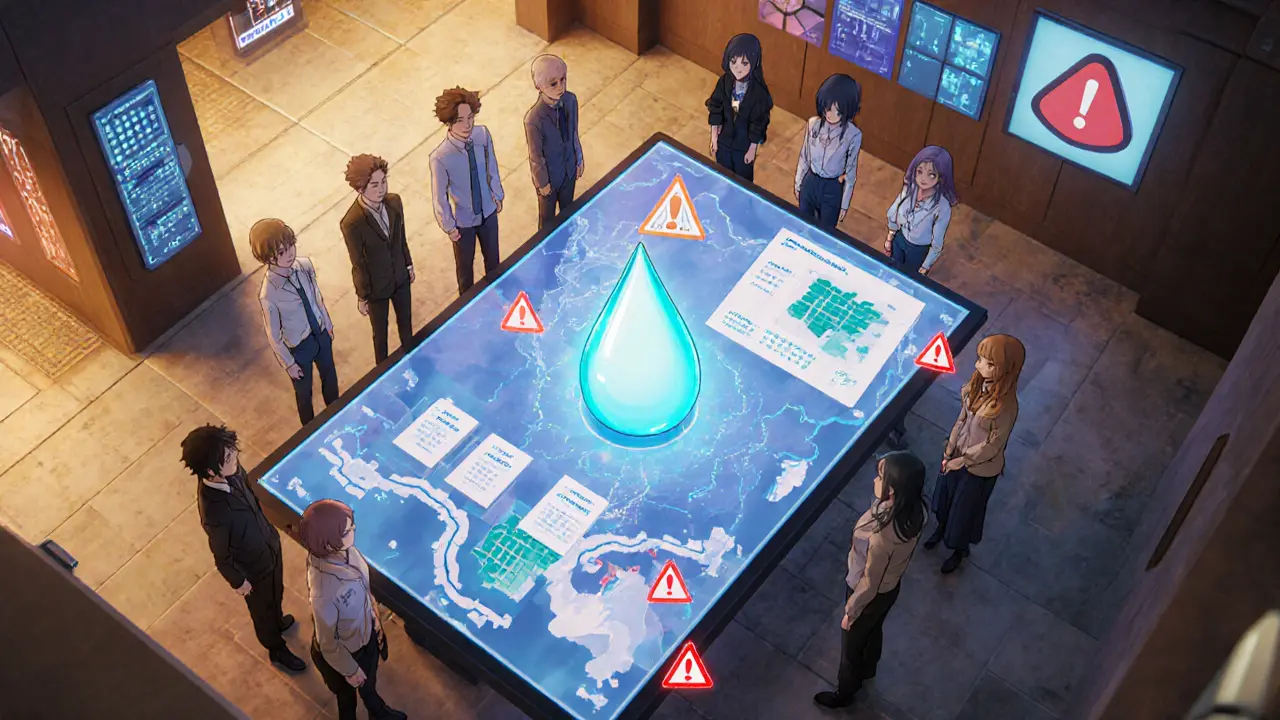 Avatars gathered around a holographic table in a virtual metaverse headquarters.