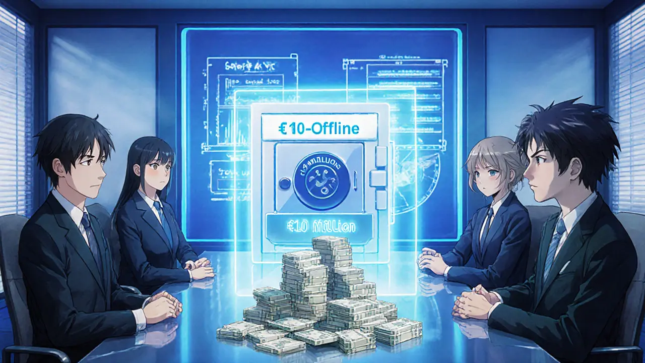 Boardroom with executives, yen stacks, and a holographic cold‑wallet vault display.