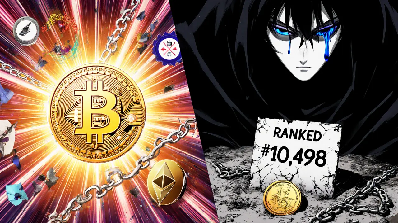 Contrasting vibrant legitimate crypto projects against a buried, dusty DUKE COIN token in monochrome manga style.