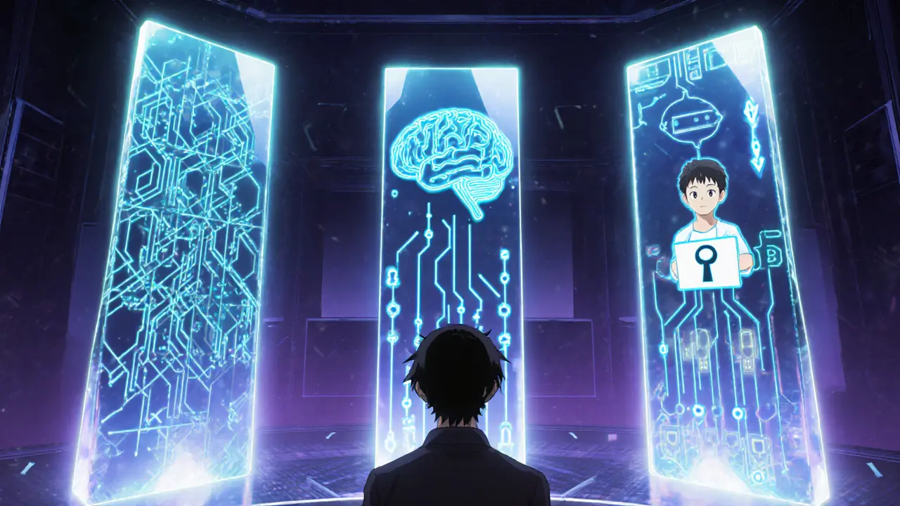 Control room shows three glowing pillars for zk‑rollup, AI routing, and account abstraction.