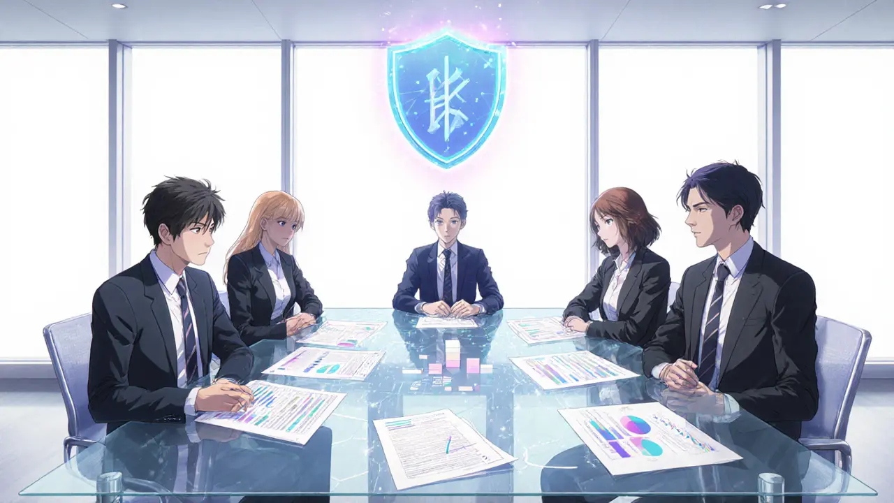 Corporate team reviewing holographic security checklists and analytics.