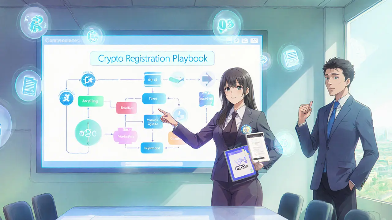 Crypto Task Force leaders presenting a bright compliance flowchart in a futuristic conference room.