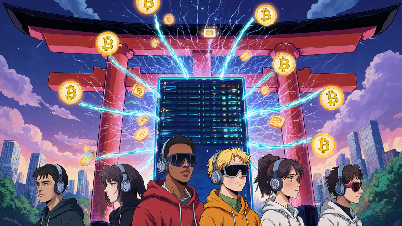 Diverse miners connected by glowing threads to a torii-shaped server, representing mining pools