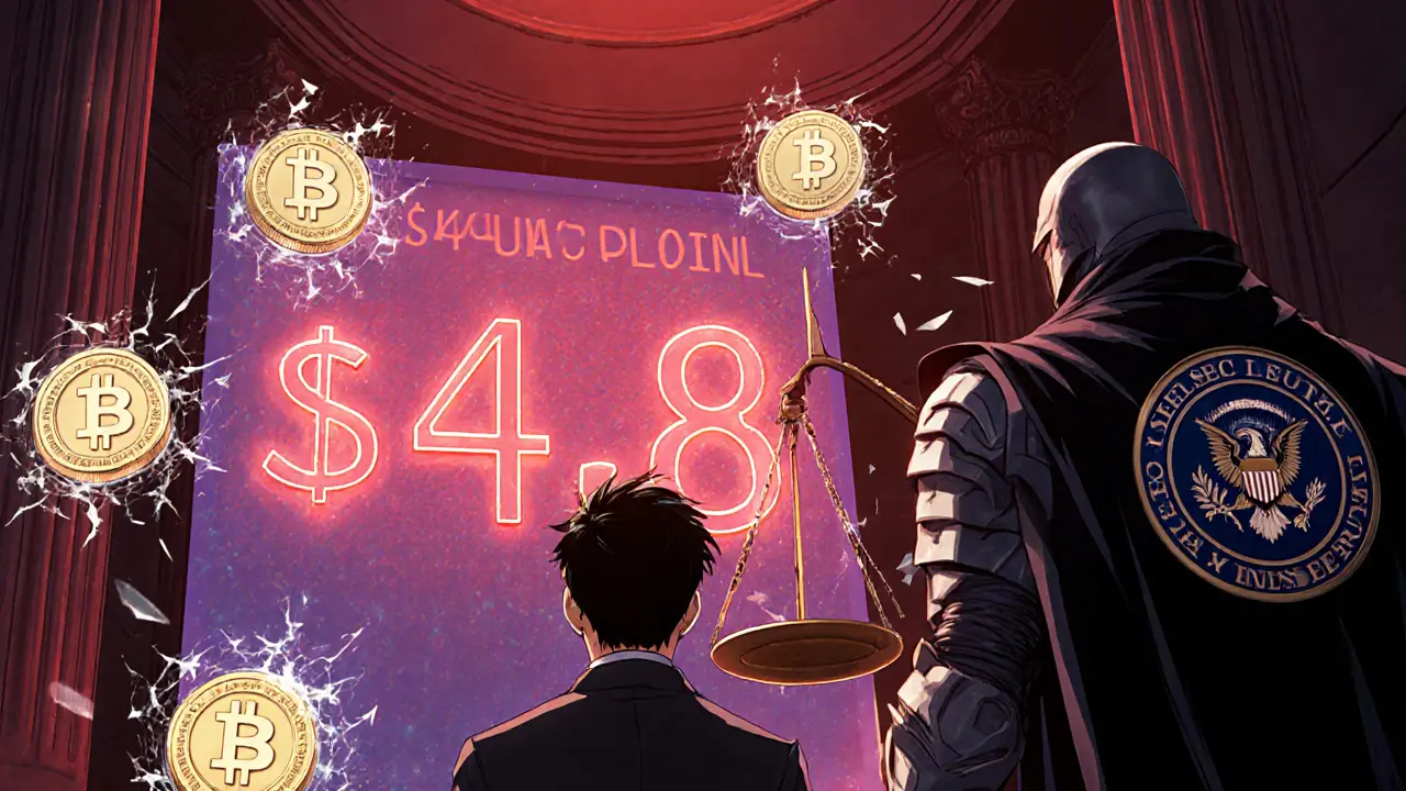 Do Kwon in a courtroom facing a holographic .68 billion penalty with shattered stablecoin icons.