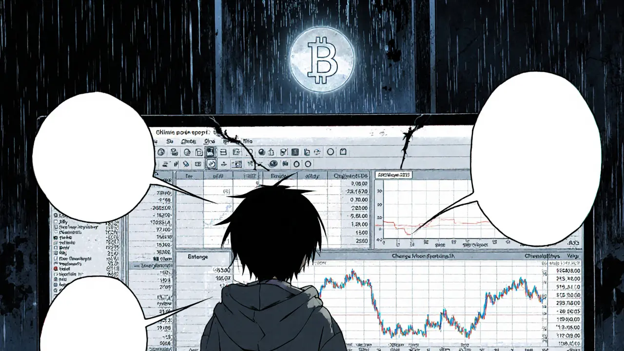 Empty exchange screen with sad figure looking at dead PLNcoin market data.