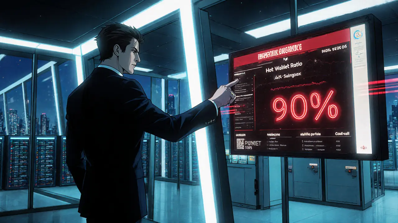 FSA regulator pointing at a red alert on a dashboard showing excessive hot‑wallet use.