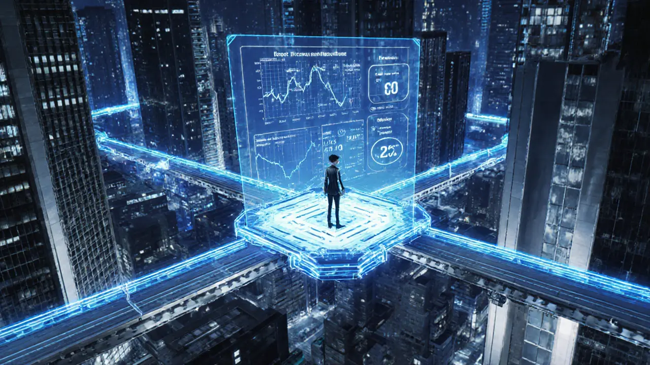 Futuristic scene with cross-chain bridges and AI-powered fiat-to-crypto conversion