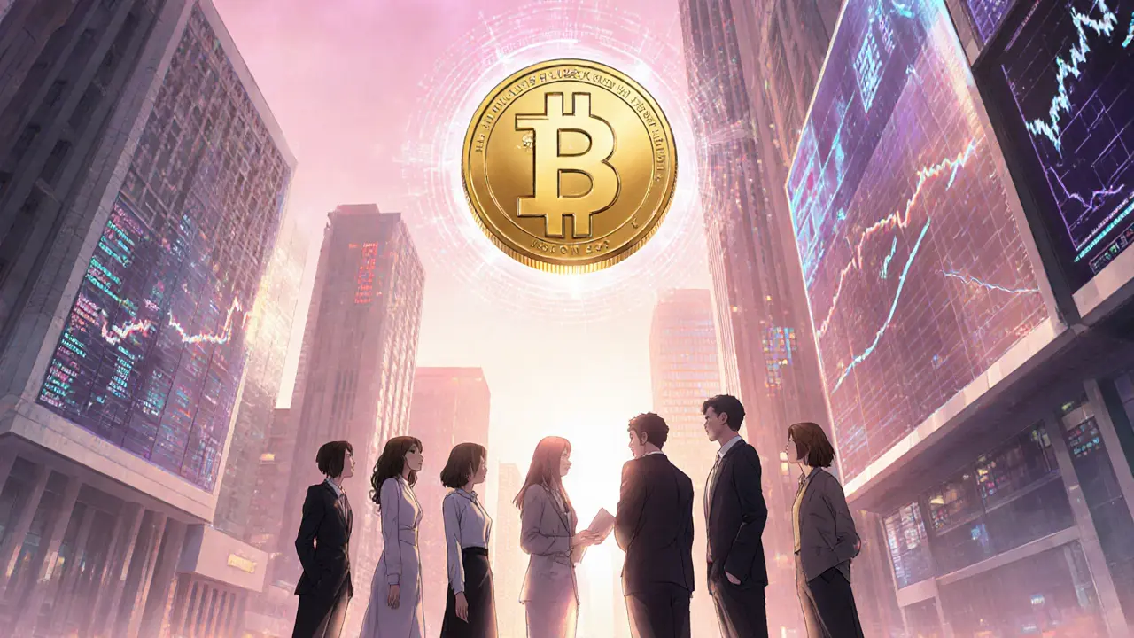 Futuristic Vietnamese financial district with holographic crypto trends and diverse professionals watching a digital đồng.