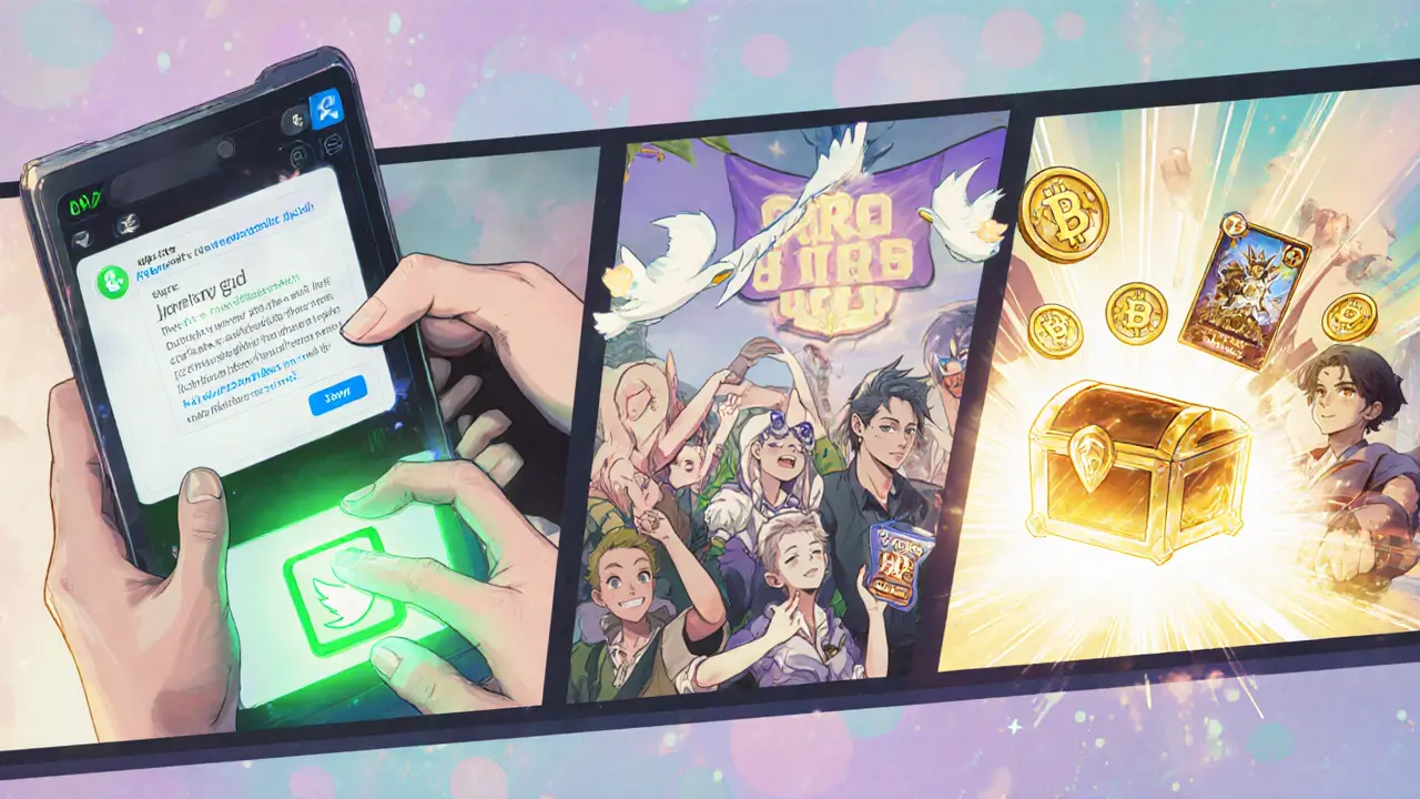 Gamer avatar checking off airdrop tasks and receiving a glowing NFT reward.