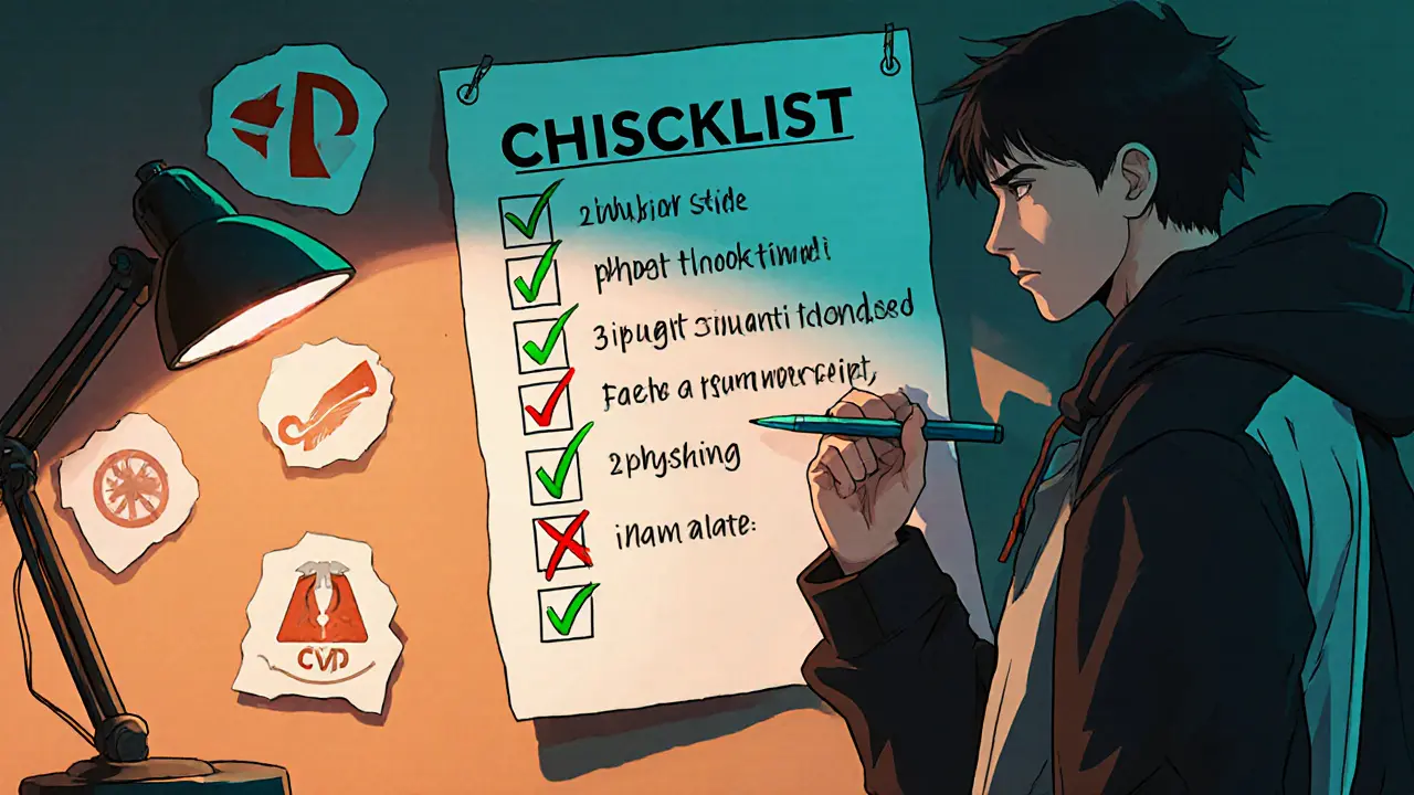 Hero holds a pen crossing items off a checklist as dark phishing symbols loom behind.