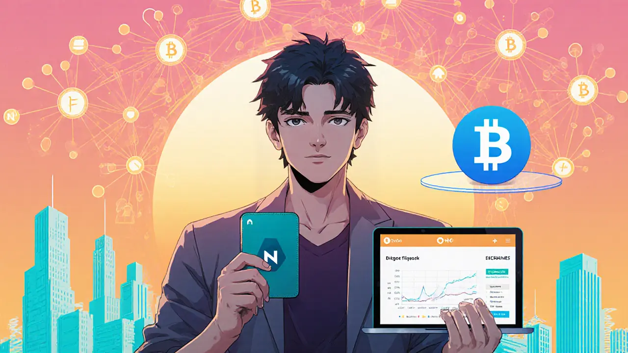 Hero holds crypto wallet and exchange tablet, with blockchain sunrise background, in manga style.