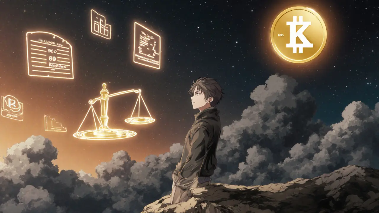 Hero on a cliff balances scales of Kontos pros and cons under a futuristic skyline.