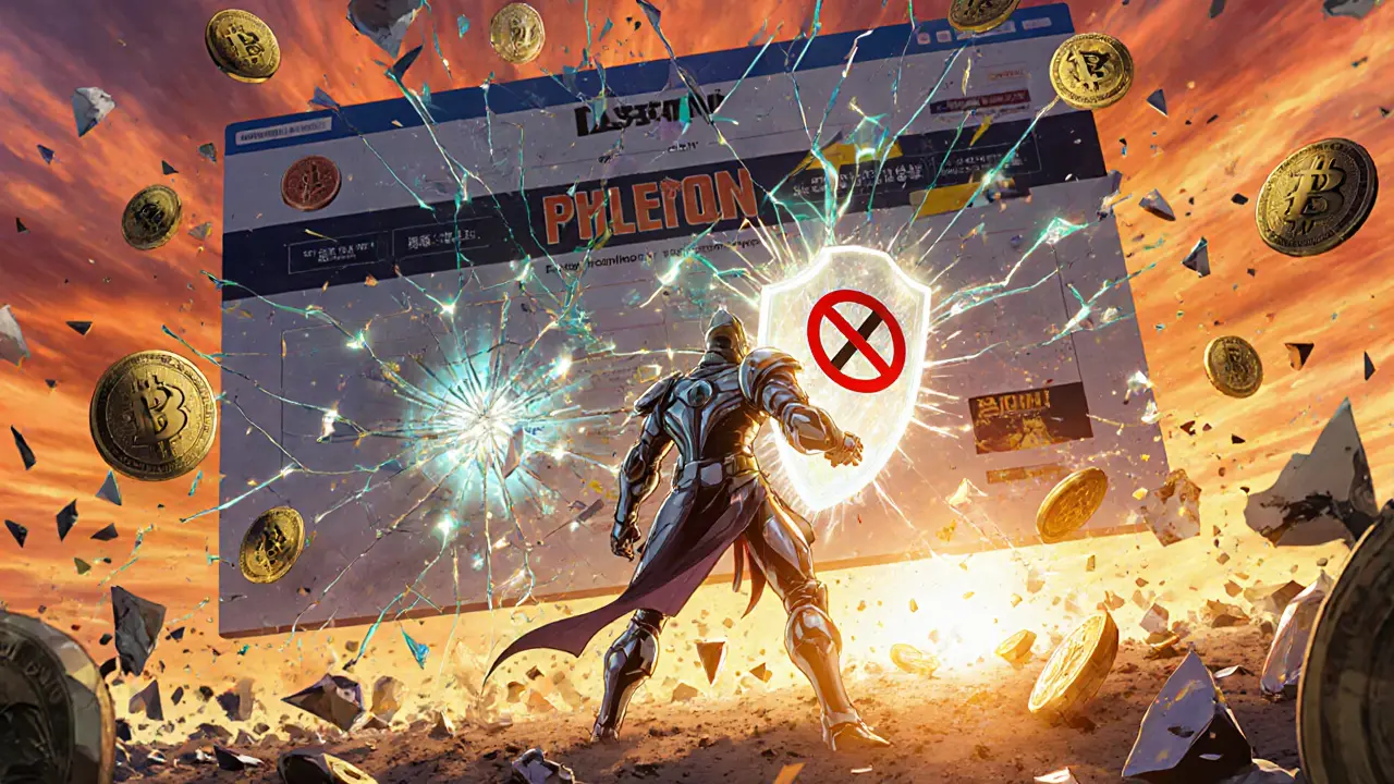 Heroic figure shattering a phishing site labeled ELECTRON.