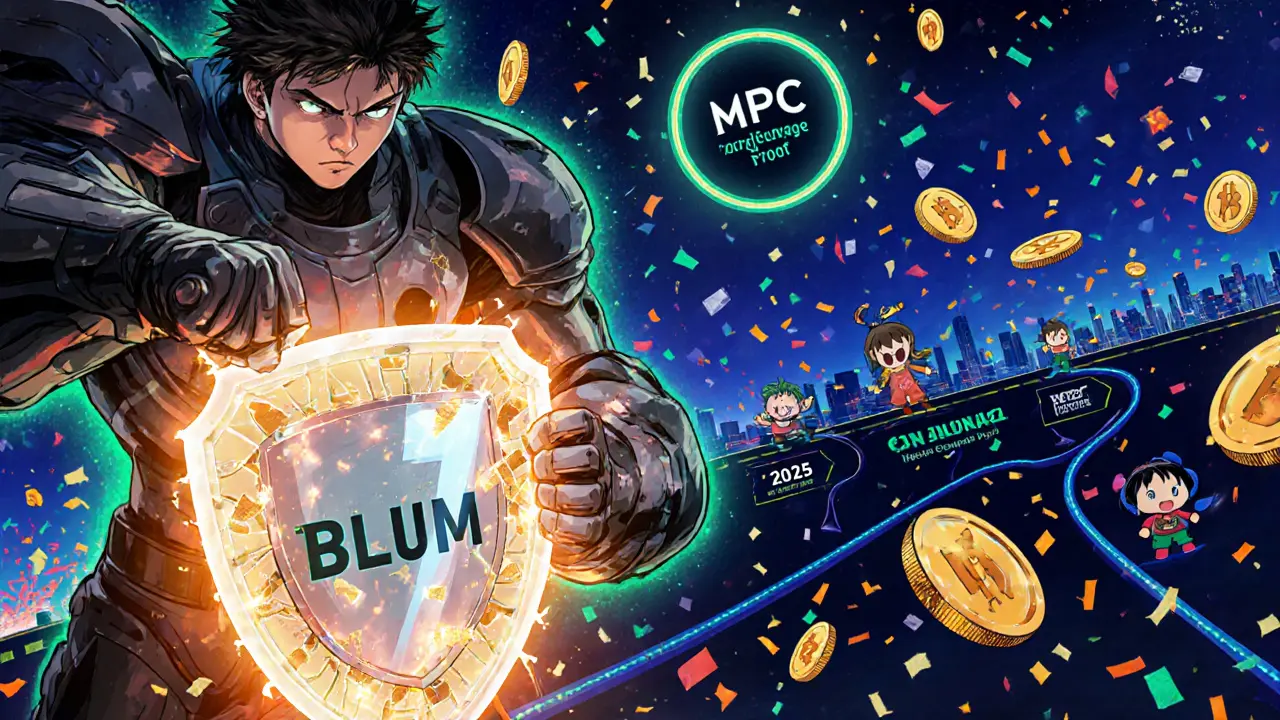 Heroic figure shields a vault with MPC fragments, zero‑knowledge seal, and Drop Game tokens.