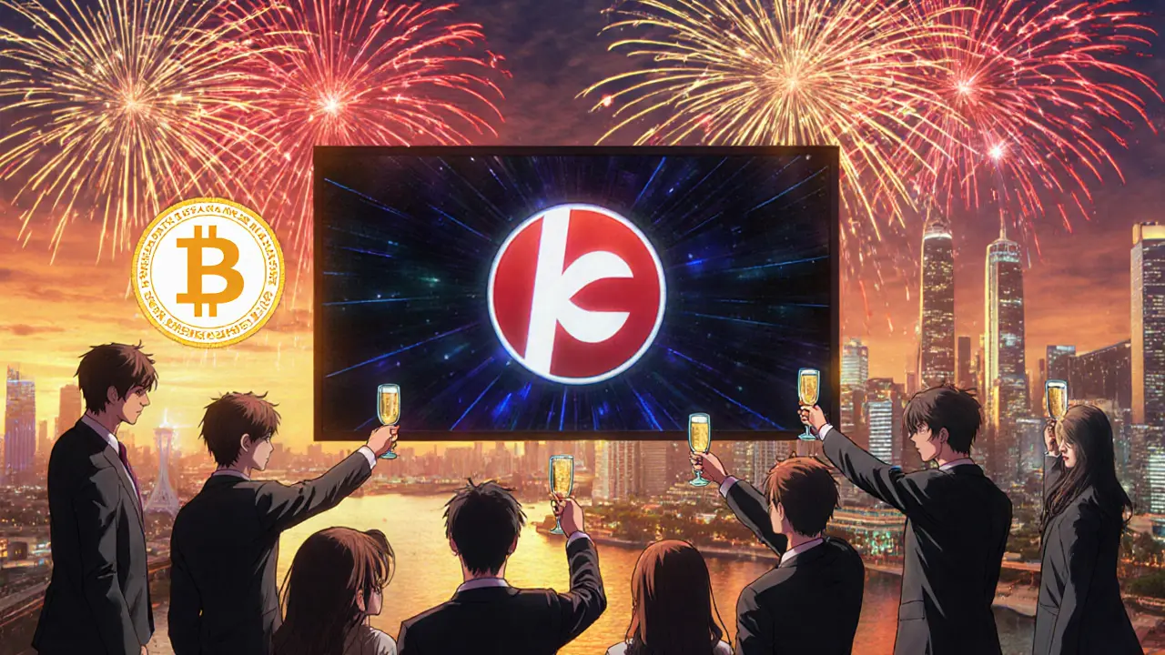 Manga celebration of crypto exchange launch with fireworks over Marina Bay.