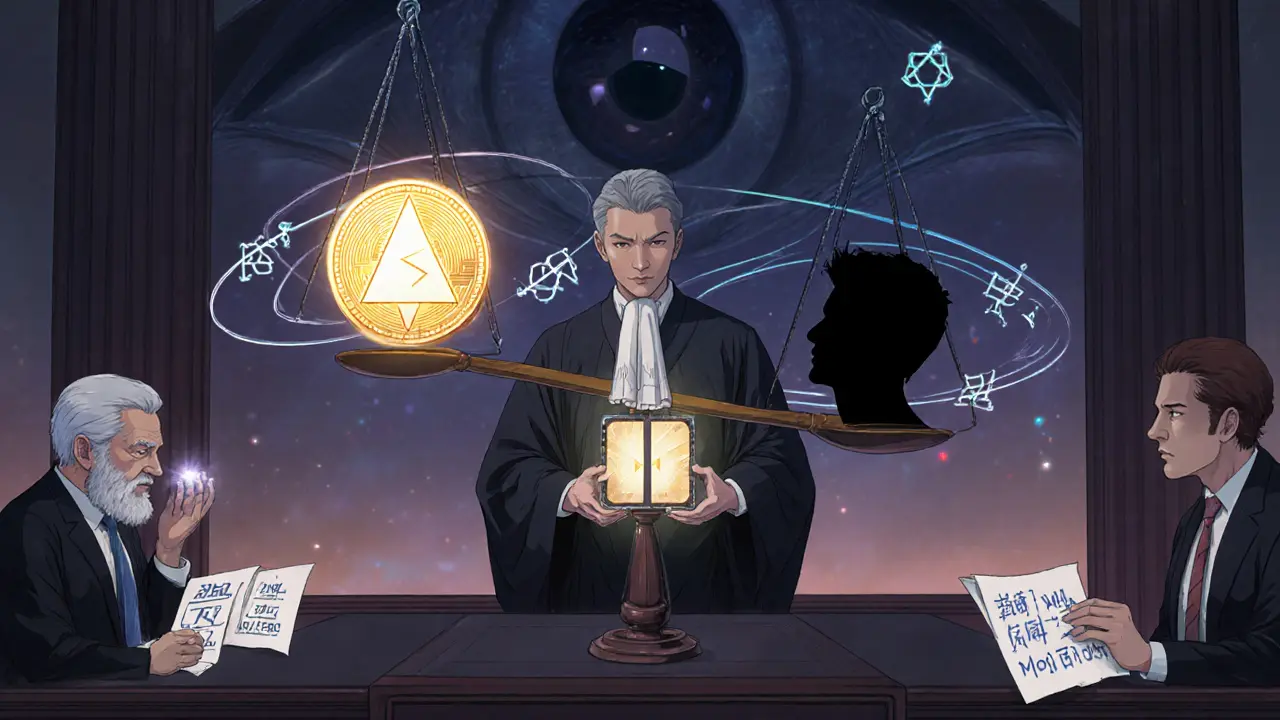 Manga courtroom with judge, quantum computer, regulators, and privacy vs surveillance scales.