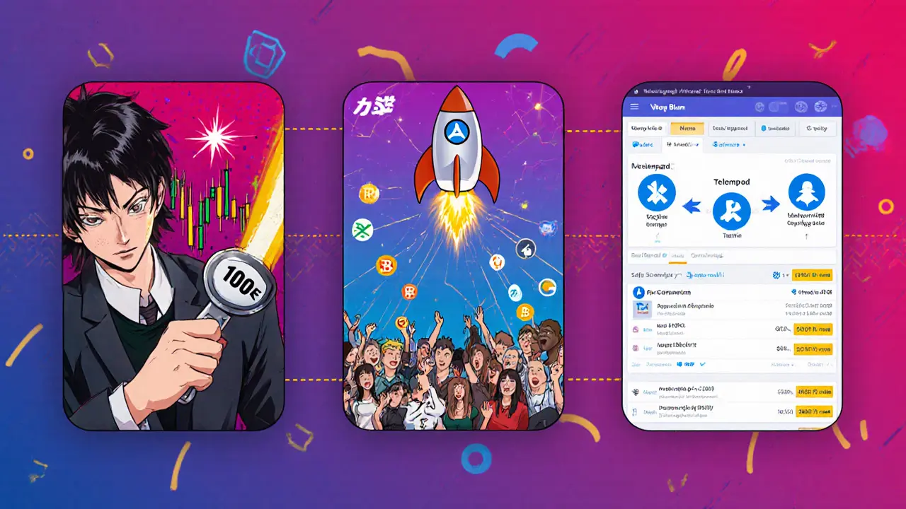 Manga frames illustrate Perps trading, Memepad launchpad rocket, and multi‑chain terminal UI.