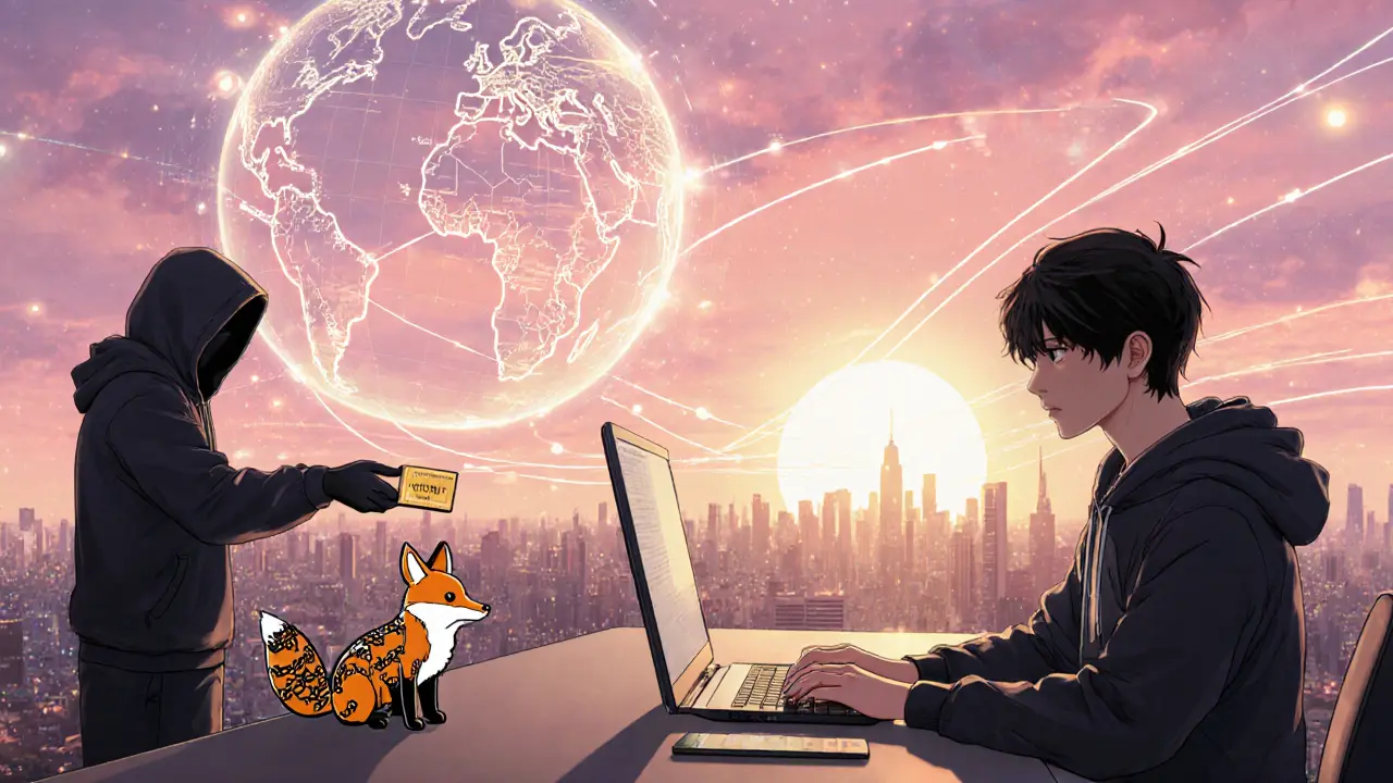 Manga futuristic city sunrise with analyst using AI data streams and a whistleblower receiving crypto bounty.