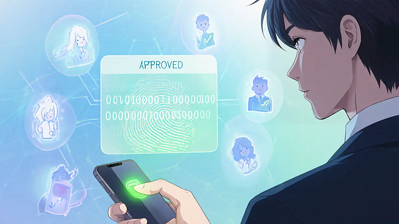 Manga illustration of a phone biometric scan, HOTP code, and approving blockchain nodes.