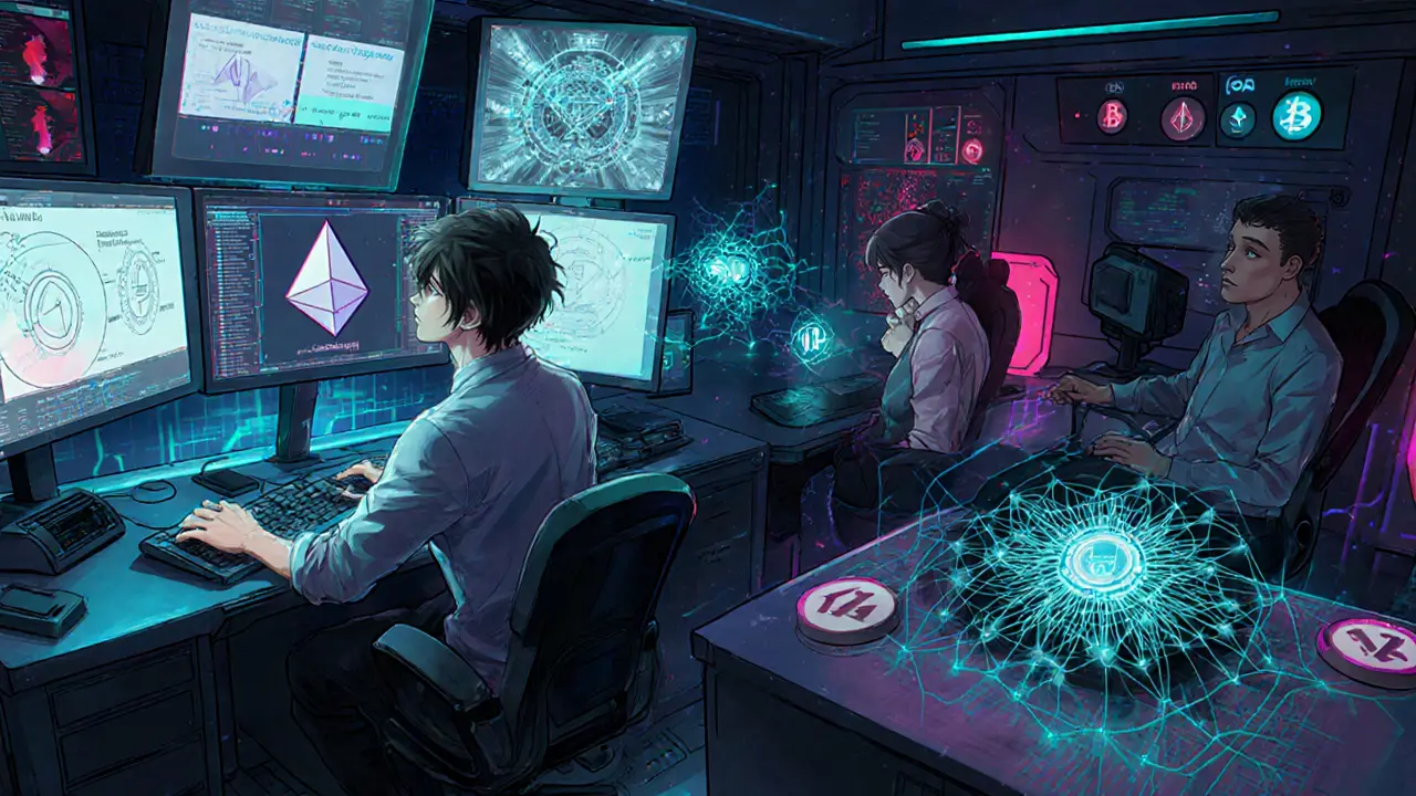 Manga lab showing cryptographer creating privacy tech opposite AI surveillance team.