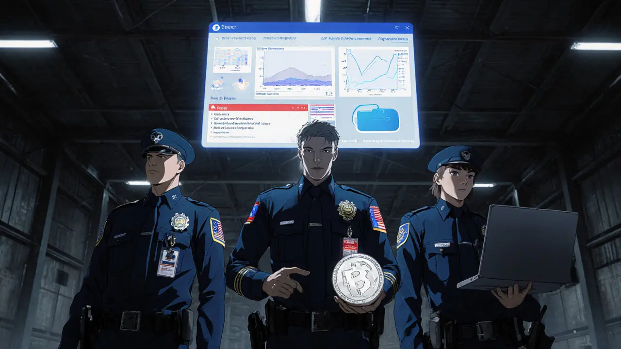 Manga raid scene with multinational officers surrounding a holographic screen of crypto analytics.