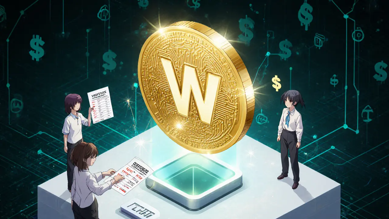 Manga scene of glowing WAG token with avatars staking, voting, and fee discount icons.