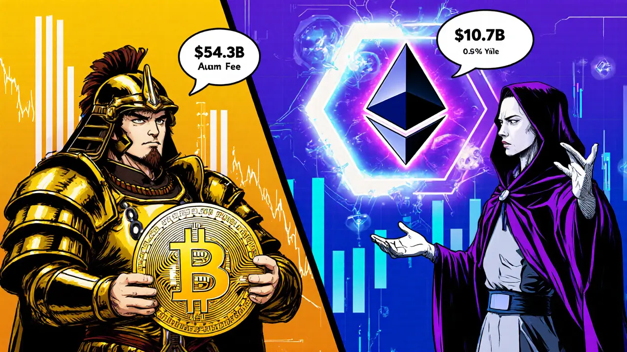 Manga split panel showing Bitcoin samurai versus Ethereum mage with charts and fees.