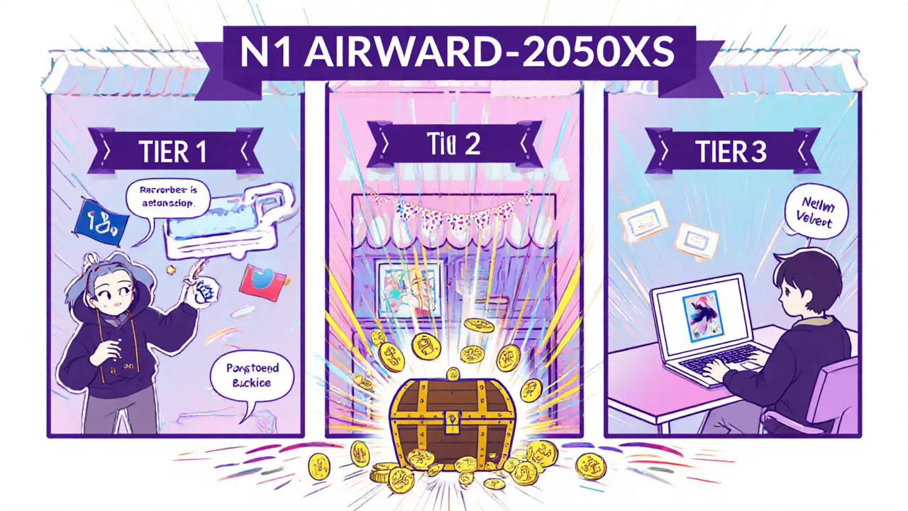 Manga spread shows three characters completing social, store creation, and purchase tasks for rewards.