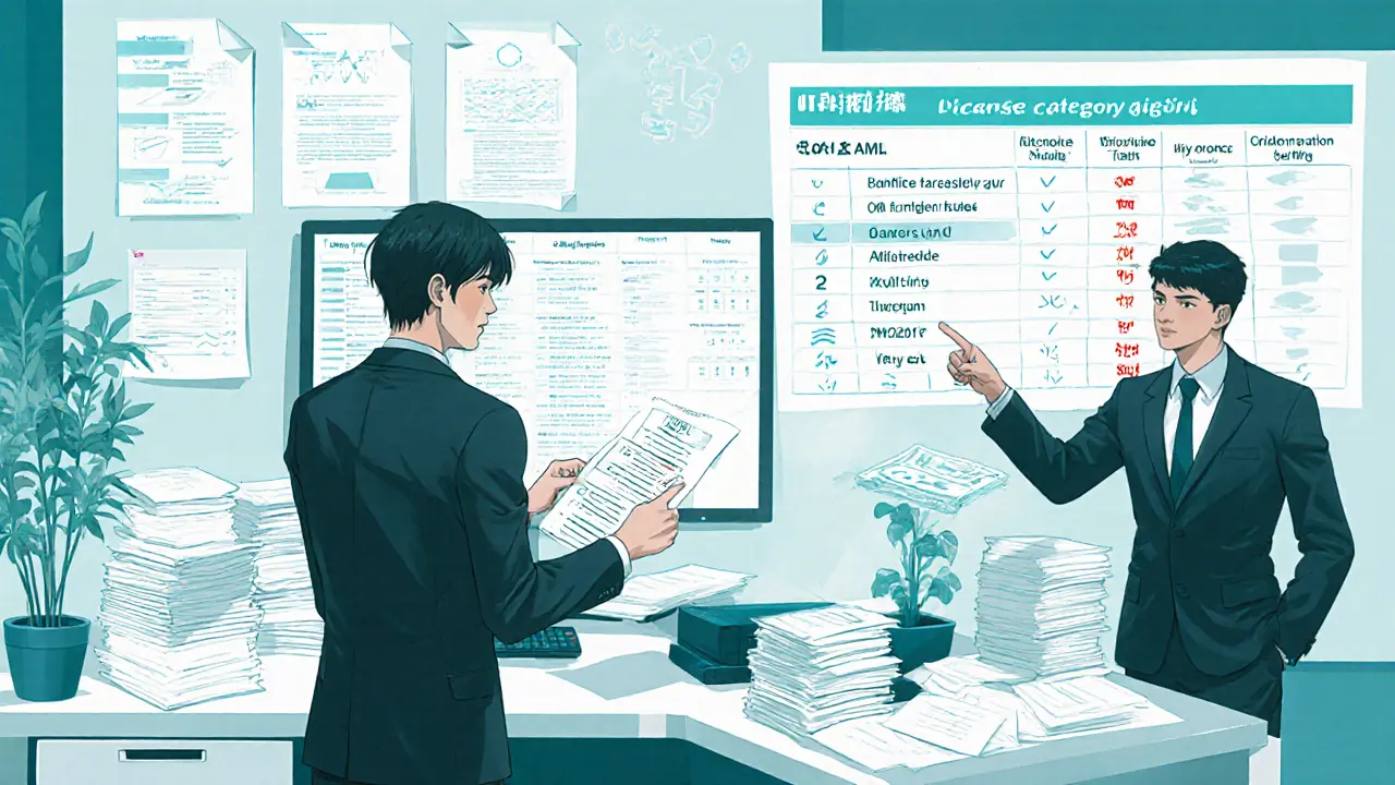 Manga‑style compliance office with AML documents and MAS inspector.