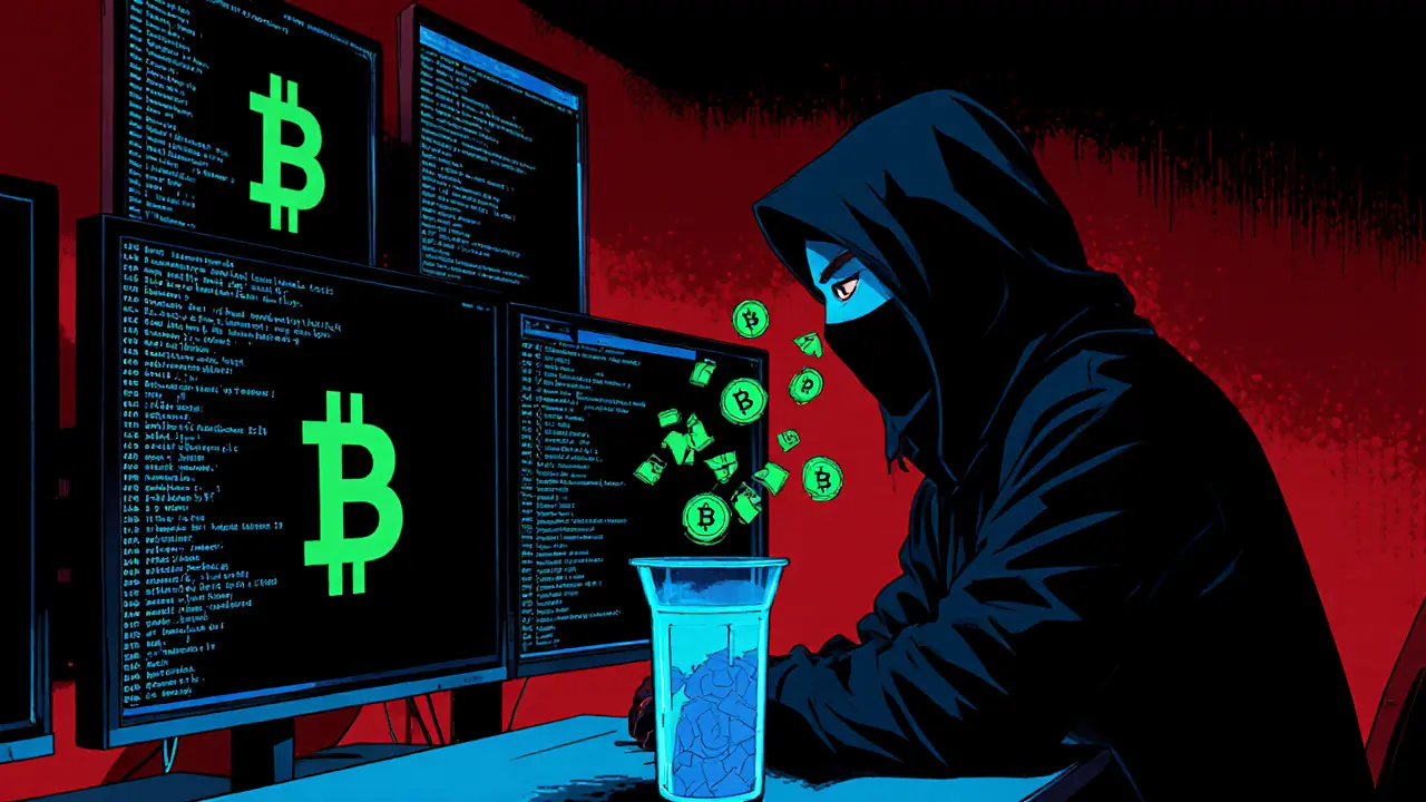 Masked hacker in a dark room working on crypto mixers and code.