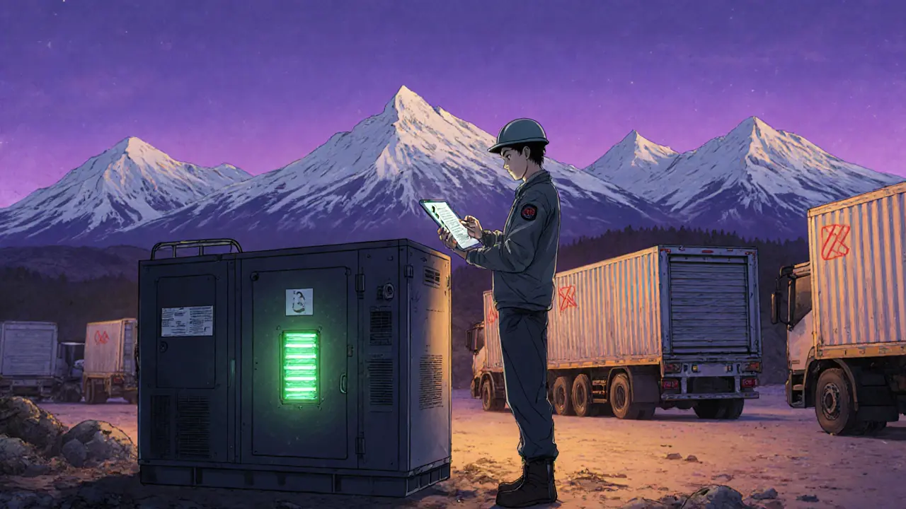 Miner checking a checklist next to a backup generator, with Ural mountains and mobile rigs in the background.