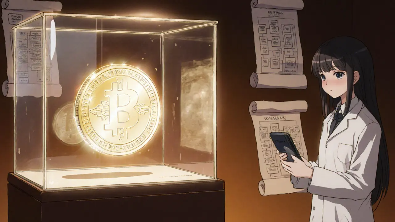 Museum display of a holographic PLNcoin token being studied by a scholar.
