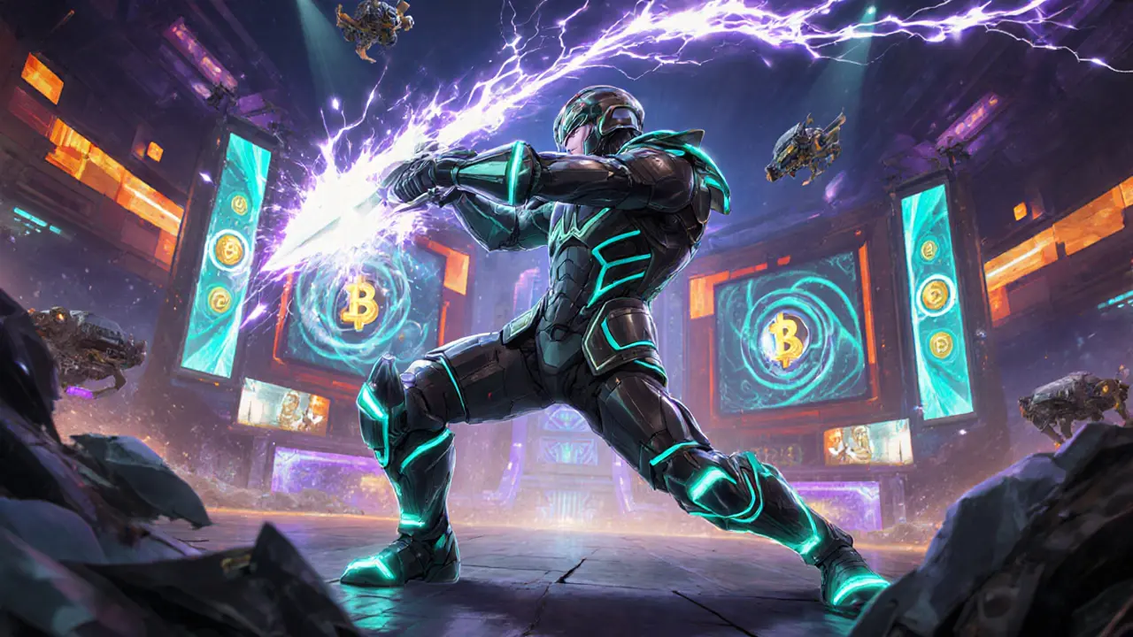 N‑Guard hero fighting in a vibrant arena with gold coins and mining drones.