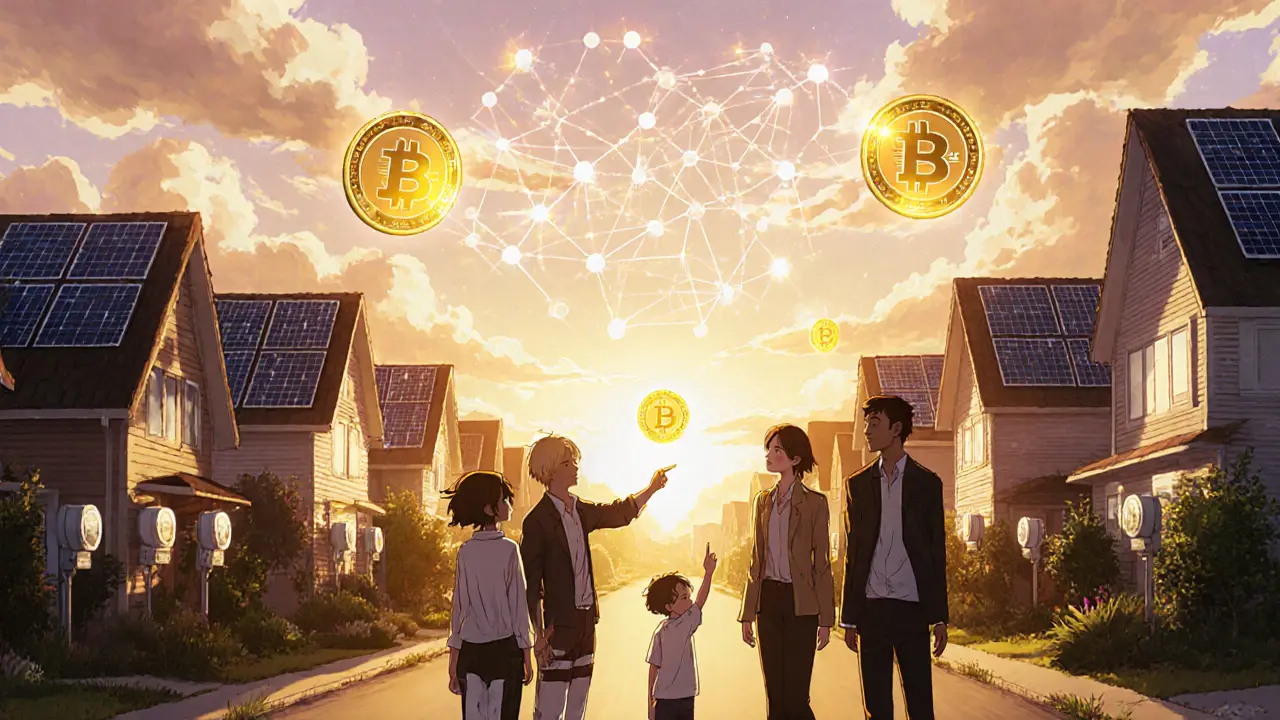 Neighbors trading solar energy using glowing blockchain tokens under golden sunset.