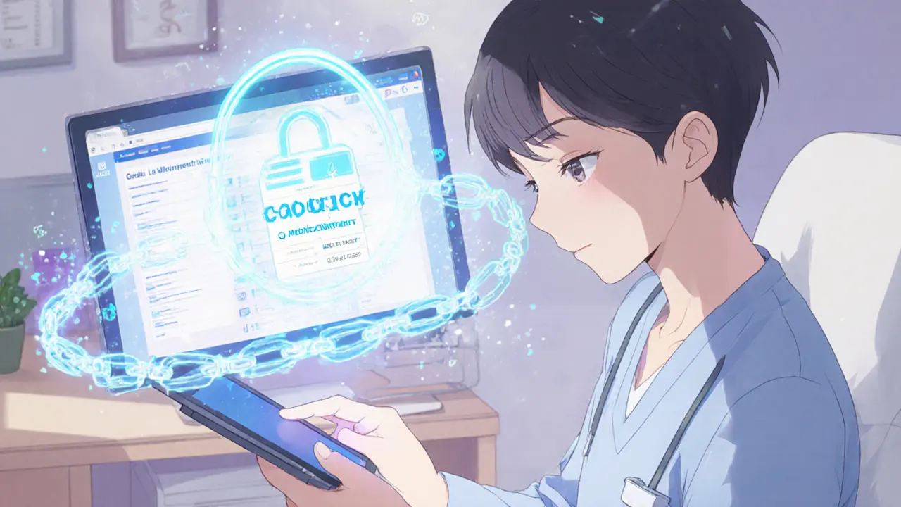 Patient accessing secure medical records via glowing blockchain interface in a clinic.
