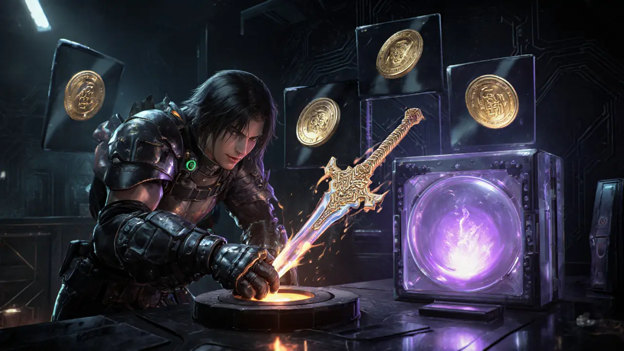 Player crafts an NFT sword using glowing KWS coins in a futuristic armory.