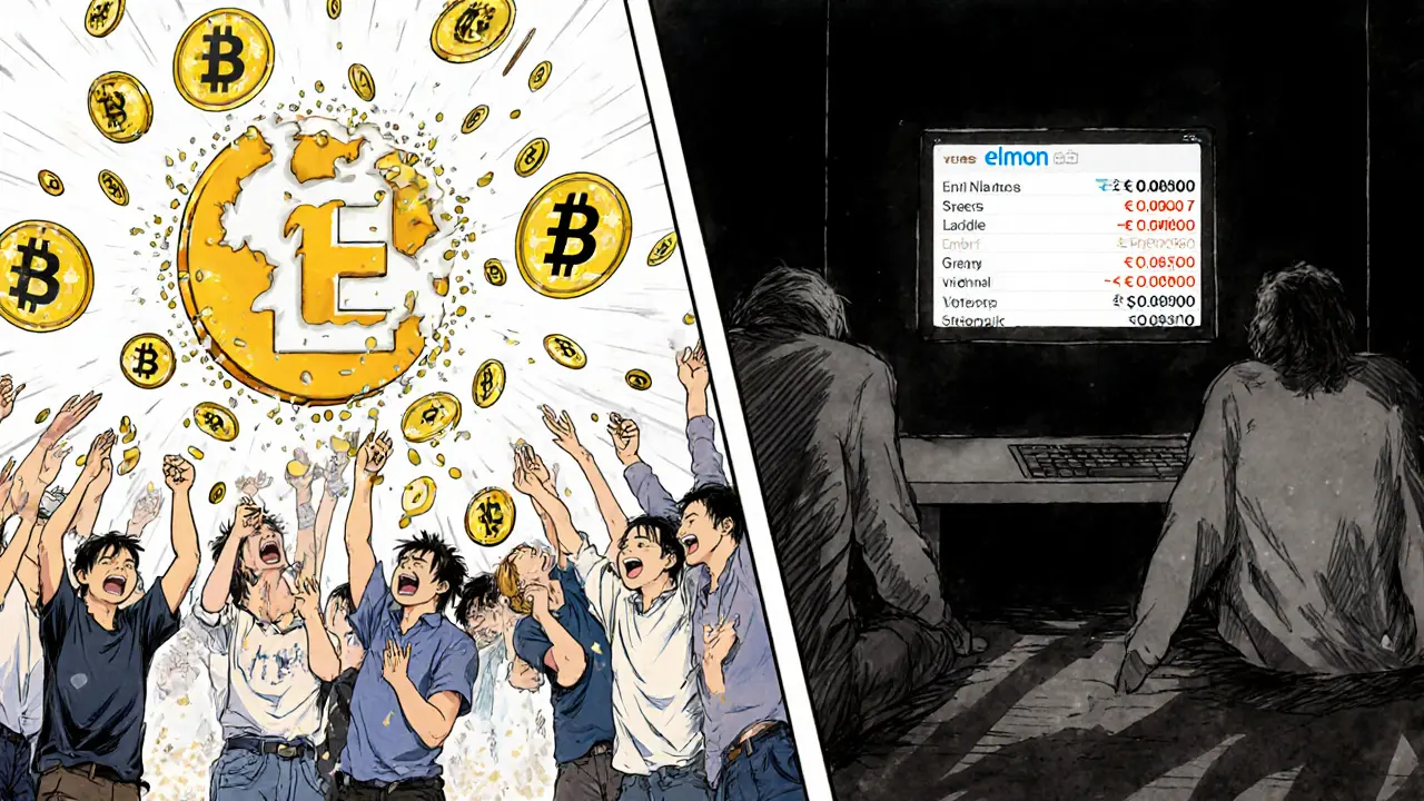 Split manga panel: excited users in 2021 receiving tokens vs. same users in silence years later with zero trading activity.