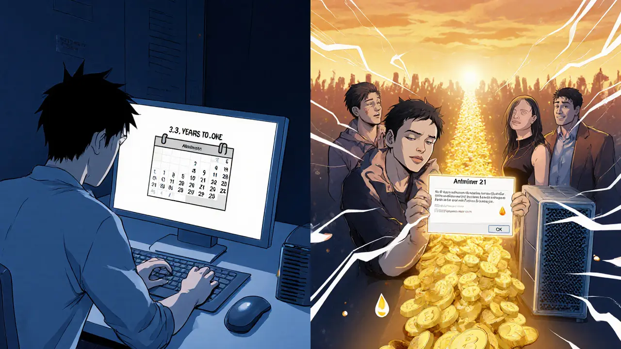 Split scene: lonely miner waiting years vs. happy miner receiving daily payouts from a pool