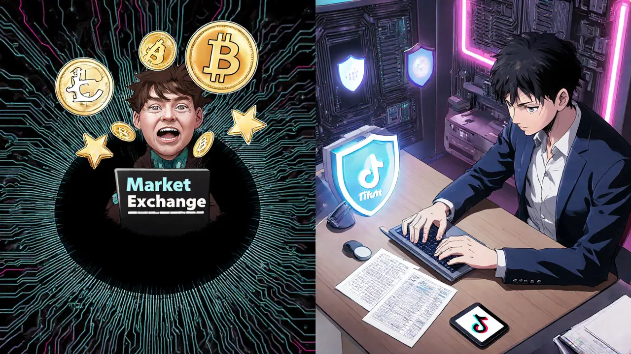 Split scene: victim losing crypto to a scam vs. a secure trader with audit reports and 2FA enabled.