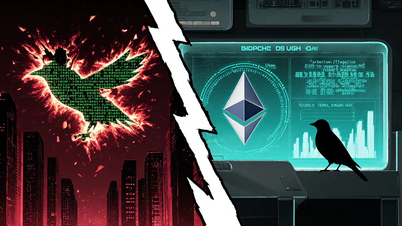 Split view shows a burning bird token in a red cyber city and an analytical lab with data screens on Ethereum.