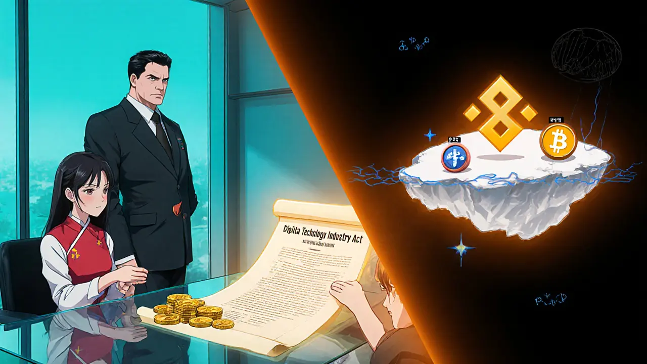 State Bank office scene with a law scroll, traders exchanging VND and crypto, and offshore exchange icons.