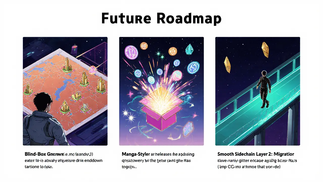 Storyboard of future roadmap: new land, blindâbox NFTs, and layerâ2 migration.