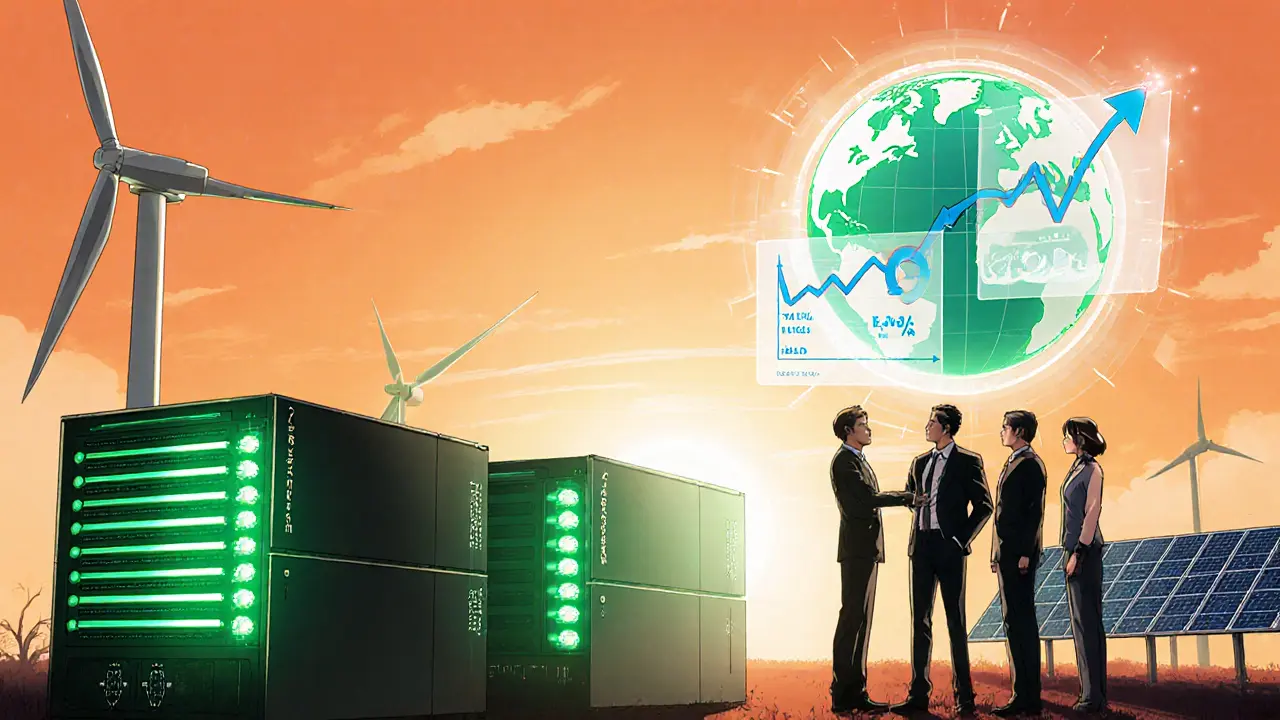 Sustainable mining farm with renewable energy and business people reviewing holographic charts.