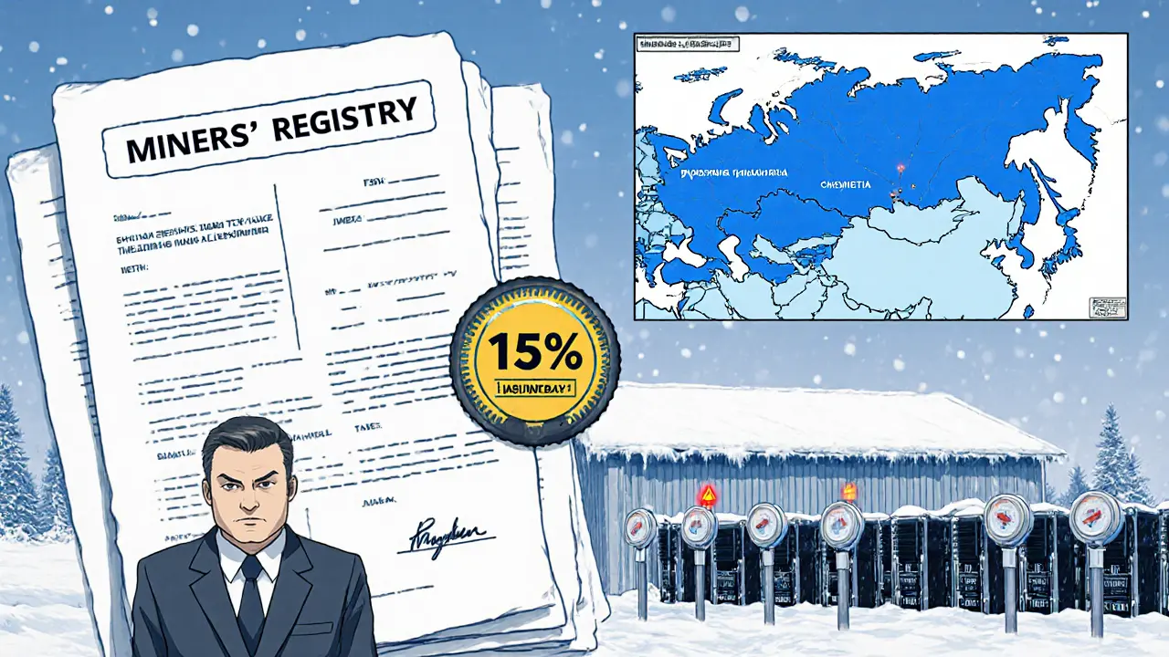 Tax official with paperwork beside a snowy Siberian mining farm displaying smart meters and shutdown warnings.