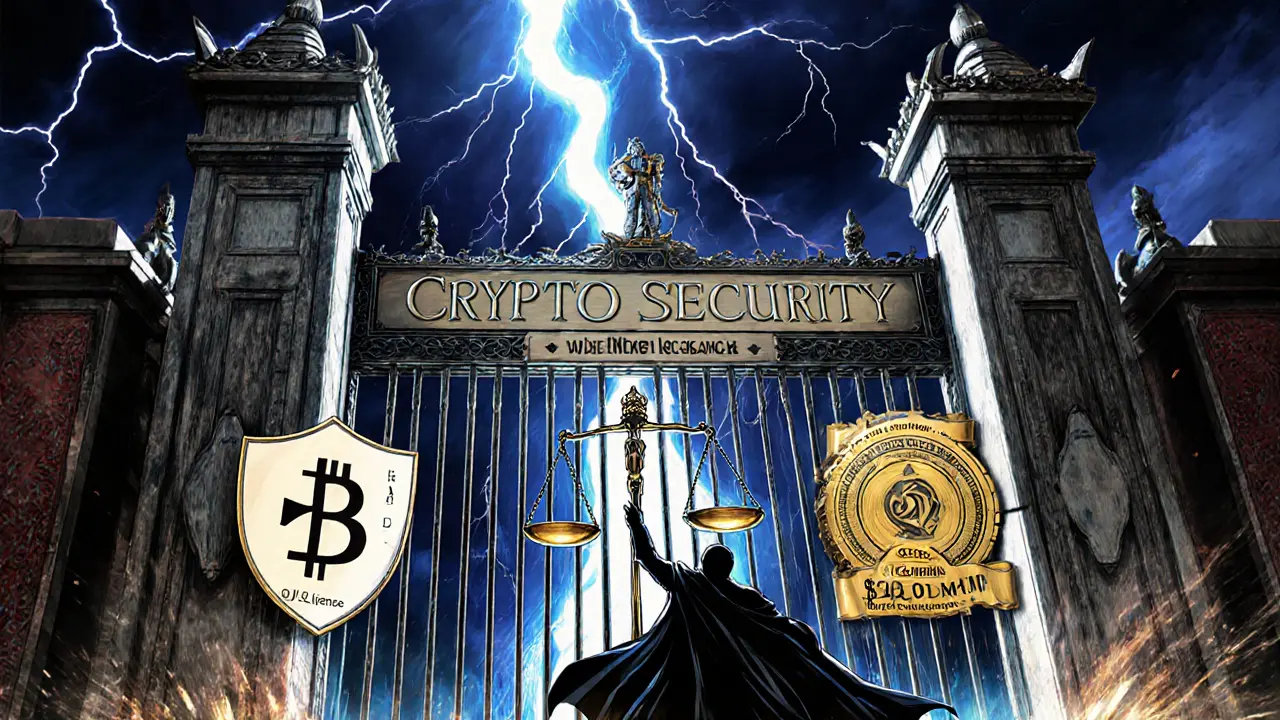 Three heroic exchange guardians protect a security gate from a crumbling scam figure made of digital ash.